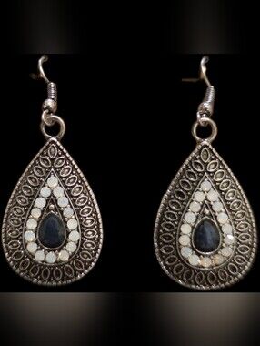 Silver Teardrop Earrings w/Black Center and White Accents